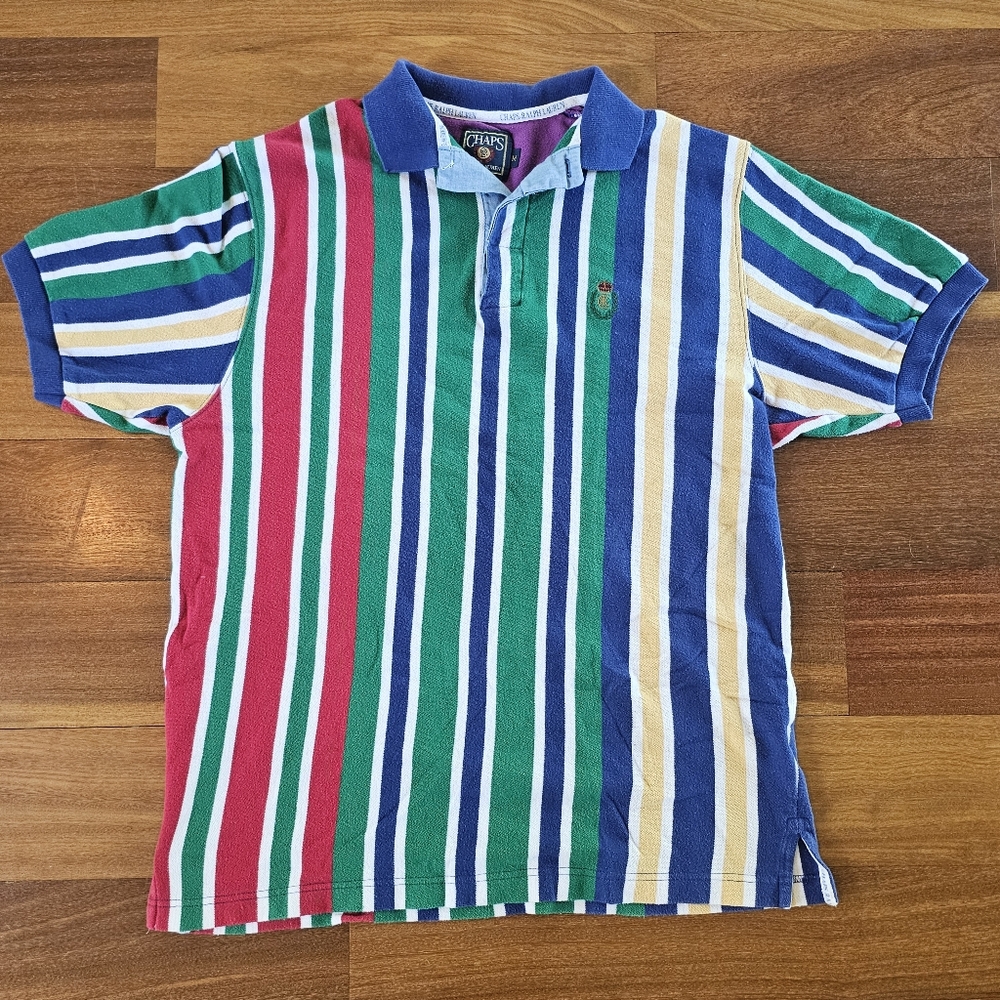 Vintage 90s Chaps Ralph Lauren Polo Shirt Hong Kong Crest Vertical Stripe Mens M